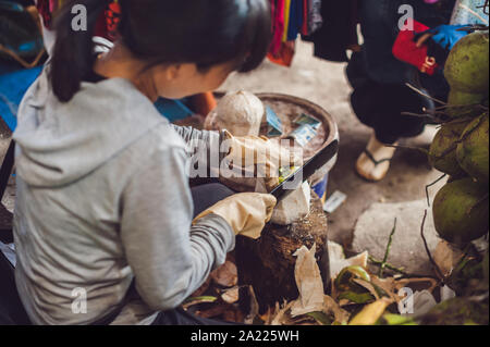 Kokosnüsse auf dem vietnamesischen Markt, typisches Street Food Geschäft in Asien Stockfoto