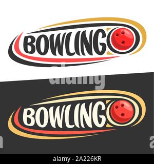 Vektor logos für Bowling Spiel, gleiten auf Flugbahn red ball und handschriftliche Wort - Bowling auf Schwarz, geschwungene Linien rund um kreative Schriftart für Text-bo Stock Vektor