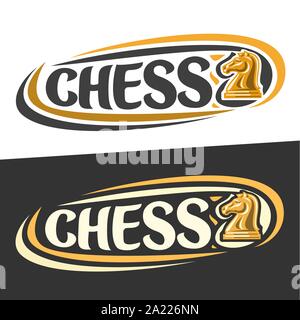 Vektor logos für Schach Spiel, Abbildung der gelbe Ritter und handschriftliche Wort - Schach auf Schwarz, geschwungene Linien rund um original Typografie für Text-Chess o Stock Vektor