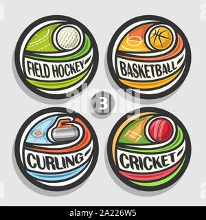 Vektor einrichten von Sport Logos, 4 runde einfache Abzeichen mit fliegenden Ball auf gebogene Flugbahn, Kreis sport Anzeichen von minimalem Design mit Spielen, oder Stock Vektor