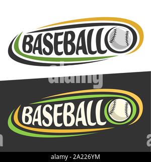 Vektor logos für Baseball, Sport, Fliegen auf Flugbahn ball und handschriftliche Wort - Baseball auf Schwarz, geschwungene Linien rund um kreative Typografie für Text Stock Vektor