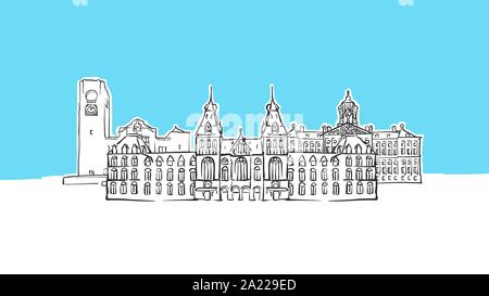 Amsterdam Niederlande Lineart Vektor Skizze. und Abbildung auf blauem Hintergrund. Stock Vektor