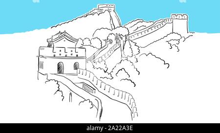 China Great Wall Lineart Vektor Skizze. und Abbildung auf blauem Hintergrund. Stock Vektor