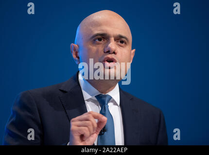 Manchester, Großbritannien. 30 Sep, 2019. Sajid Javid, Schatzkanzler und MP für die Bromsgrove spricht am Tag zwei der Parteitag der Konservativen in Manchester. Quelle: Russell Hart/Alamy leben Nachrichten Stockfoto