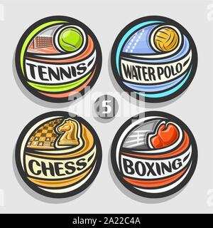 Vektor einrichten von Sport Logos, 4 runde einfache Abzeichen mit fliegenden Ball auf gebogene Flugbahn, Kreis sport Anzeichen von minimalem Design mit Spielen, oder Stock Vektor