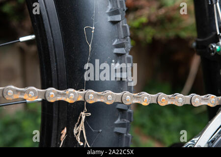 Nahaufnahme von einem rostigen Kette und eines Reifens auf ein Mountainbike Stockfoto