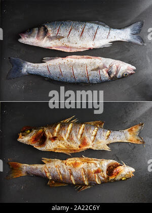 Roh- und gegrillten Wolfsbarsch Fisch auf schwarze Platte. Vor und nach der Vorbereitung. Essen Fotografie Stockfoto