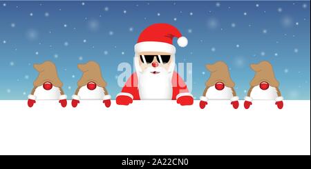 Cute Santa Claus mit Brille und seine Zwerge weiße Fahne und verschneiten Hintergrund Vektor-illustration EPS 10. Stock Vektor