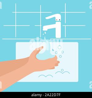 Vektorgrafiken über Waschen, Hygiene, Health Care. Wasserhahn im Badezimmer mit fließendem Wasser, Seife und Hände. Design Template, Symbol. Stock Vektor