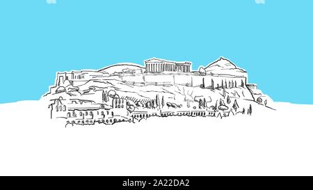 Athen Akropolis Sehenswürdigkeiten Lineart Vektor Skizze. und Abbildung auf blauem Hintergrund. Stock Vektor