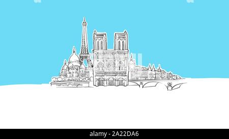 Paris, Frankreich Lineart Vektor Skizze. und Abbildung auf blauem Hintergrund. Stock Vektor