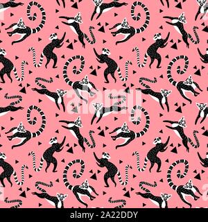 Nahtlose Muster mit schwarzen und weißen Lemuren auf rosa Hintergrund. Vector Illustration. Stock Vektor
