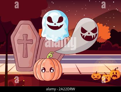 Holz Sarg mit dem christlichen Kreuz auf Halloween Szene Vector Illustration Design Stock Vektor