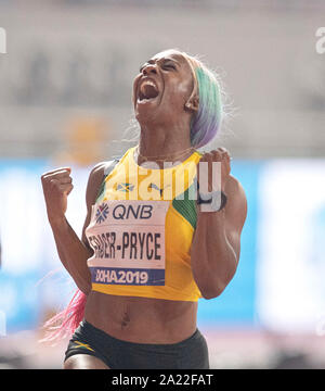 Doha, Katar. 29 Sep, 2019. Jubel Sieger Shelly-Ann Fraser - PRYCE (JAM/Platz 1). Frauen Finale 100 m, am 29.09.2019 Leichtathletik WM 2019 in Doha/Katar, vom 27.09. - 10.10.2019. | Verwendung der weltweiten Kredit: dpa/Alamy leben Nachrichten Stockfoto