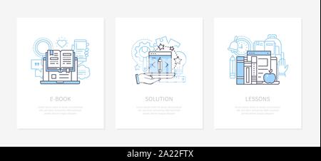 E-Book - Online Tutorial für e-Learning - Konzept Symbole gesetzt Stock Vektor
