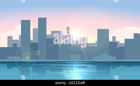 Am frühen Morgen Stadtbild. Sonnenaufgang in der Stadt auf dem Wasser. Morgen urbane Stadtbild. Vector Illustration Stock Vektor