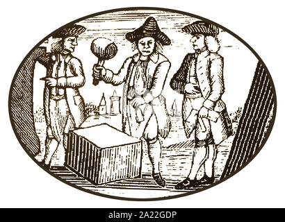 SCAPPLER = 18. Jahrhundert - zwei scapplers (Assistenten des Steinmetz) jede Seite eines Master Mason stand - von der 1700s Holzschnitt) Stockfoto