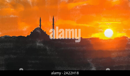 Watercolor Illustration: Abendstimmung mit dramatischen Himmel über der Kuppel und Minarett einer Moschee. Stockfoto