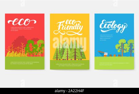 Ökologie Informationen Karten eingestellt. Ökologische Vorlage von flyear, Zeitschriften, Plakate, Cover, Banner. Eco Infografik Konzept Hintergrund. Layout Illustrationen moderne Seiten mit Typografie Stock Vektor