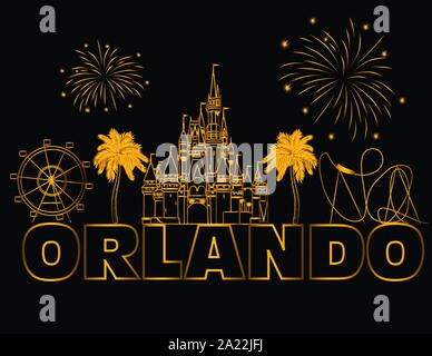 Orlando gold Schriftzug auf schwarzem Hintergrund. Vektor mit Reisen Symbole und Feuerwerk. Reisen Postkarte.. Stock Vektor