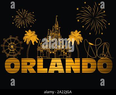 Orlando gold Schriftzug auf schwarzem Hintergrund. Vektor mit Reisen Symbole und Feuerwerk. Reisen Postkarte. Stock Vektor