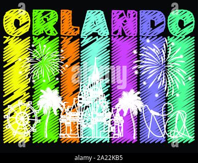 Weiß Orlando Design auf bunten gekritzelt Hintergrund. Vektor mit Reisen Symbole und Feuerwerk. Reisen Postkarte. Stock Vektor