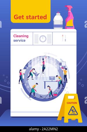 Plakat in Form von Waschmaschine. Mannschaft der Reinigung im Büro und Haus. Vector Illustration Stock Vektor