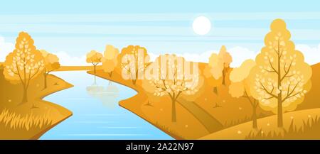 Herbstliche Landschaft mit Fluss Stock Vektor