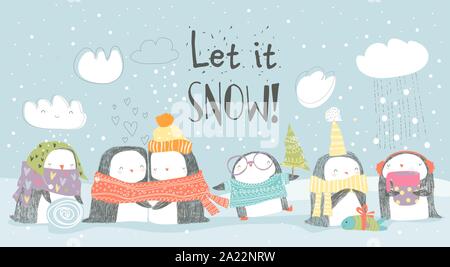 Süße kleine Pinguine Urlaub feiern. Frohe Weihnachten Stock Vektor