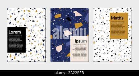 Moderne abstrakte Entwurfsvorlagen mit Terrazzo Textur in Blau, Gelb, Schwarz und Weiß. Kreativ Magazin deckt, Hochzeit Einladungen, Flyer, newslet Stock Vektor