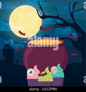 Kessel bubbly von Hexe auf Halloween Szene Vector Illustration Design Stock Vektor