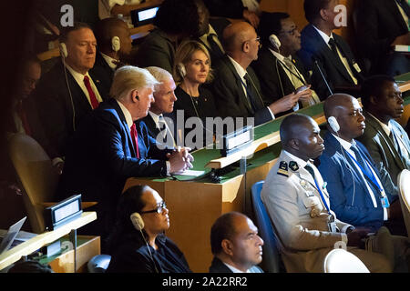 Us-Präsident Donald Trump, Vice President Mike Pence, US-Botschafter in der UN Kelly Handwerk, und Staatssekretär Mike Pompeo bei den Vereinten Nationen Climate Action Summit, 23. September 2019. Stockfoto