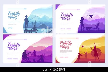 Familienurlaub mit Kindern in der Natur Broschüre Karten eingestellt. Freundliche Erholungsorte Vorlage von flyear, Webbanner, ui-Header, Standort eingeben. Einladung Konzept Hintergrund. Layout moderne Schieberegler Stock Vektor