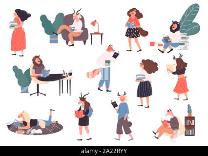 Einstellen der Leserinnen und Leser, Buchliebhaber, moderne Literatur fans isoliert. Flache cartoon Vector Illustration auf weißem Hintergrund. Sammlung von Menschen lesen oder Studenten das Studium und die Vorbereitung für die Prüfung. Stock Vektor