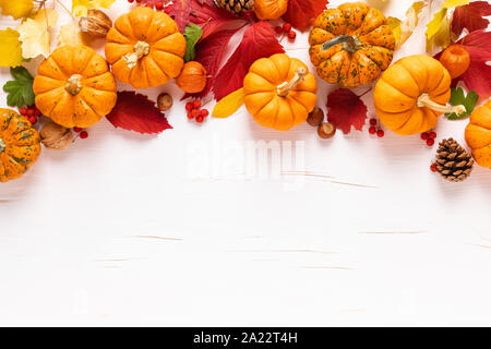 Festliche Herbst Kürbisse Einrichtung mit Herbstlaub, Beeren, Nüsse auf weißem Hintergrund. Thanksgiving oder halloween Urlaub, Ernte Konzept. Ansicht von oben Fl Stockfoto