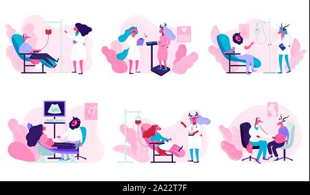 Schwangere weibliche Charaktere. Ärztliche Untersuchung, Ultraschall, Messung der Bauch, Hören Baby Herz. Gesunde Schwangerschaft, Frauen warten neugeborenes Baby. Blut spenden. Spende, Weltblutspendetag Stock Vektor