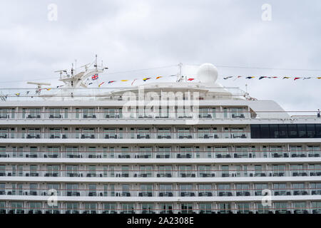 London, UK, 14. Juli 2019. Die Viking Jupiter Kreuzfahrtschiff, der Viking Cruise Line, bei Greenwich angedockt Stockfoto