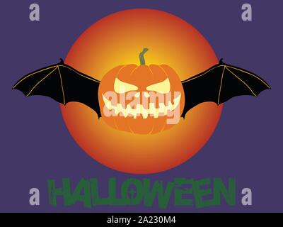 Hand gezeichnet Halloween bösen Kürbis mit Fledermaus Flügel über Blut Mond auf lila Hintergrund mit dekorativen grünen Text Stock Vektor