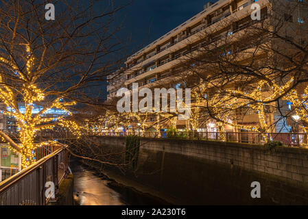 Meguro Fluss winter Beleuchtung Festival, schöne Aussicht, Sehenswürdigkeiten, Reiseziele für Urlaub, berühmten romantischen Leuchten sogar Stockfoto