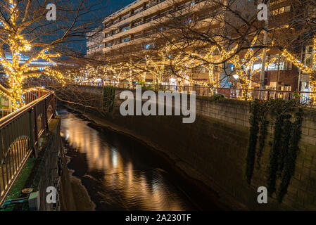 Meguro Fluss winter Beleuchtung Festival, schöne Aussicht, Sehenswürdigkeiten, Reiseziele für Urlaub, berühmten romantischen Leuchten sogar Stockfoto