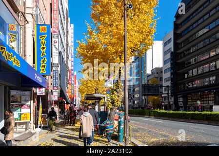 Blick auf die Straße von Asakusabashi Station Außenbereich mit sonnigen Tag und blauer Himmel im Herbst Laub Saison. Fußgängerzone in der ginkgo Bäume gefallen Stockfoto