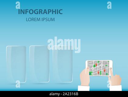 Hände halten einen smart phone mit einem Stadtplan. Satz von Leere transparente Rechtecke sind bereit für ihren Text. Alle möglichen Marken werden entfernt Stock Vektor