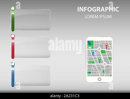 Smart Phone zeigt einen Stadtplan mit drei Punkten des Interesses. Satz von Leere transparente Glas horizontalen Rechtecke mit Farbe Metal Labels aktivieren f Stock Vektor