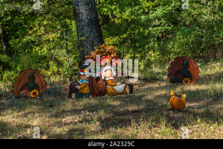 Eine festliche Outdoor thanksgiving Herbstferien in ein Feld mit Pilgern, Truthähne und Kürbisse mit Wäldern im Hintergrund angezeigt. Stockfoto