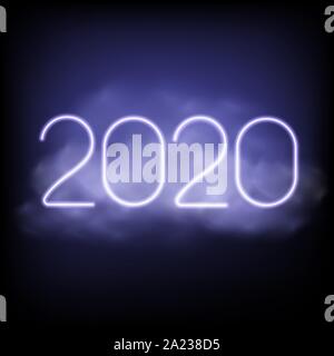 2020 Frohes neues Jahr. Neon Text mit Licht. Gestaltung von Grußkarten. Vector Illustration. Stock Vektor