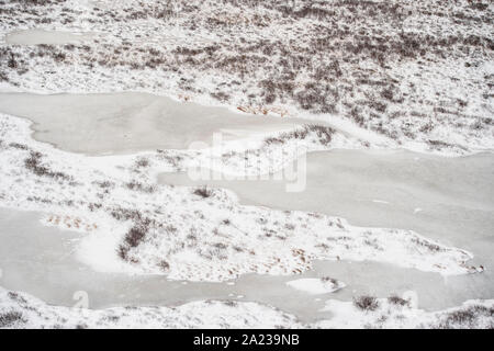 Hudson Bay Tiefland bei Frost-up aus der Luft. Boreal Teiche und Bäume, Churchill, Manitoba, Kanada Stockfoto