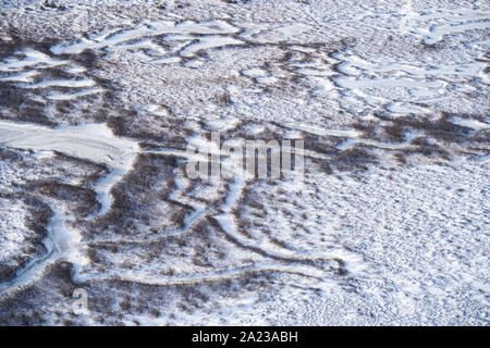 Hudson Bay Tiefland bei Frost-up aus der Luft. Boreal Trees and Ponds, Churchill, Manitoba, Kanada Stockfoto