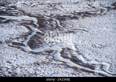 Hudson Bay Tiefland bei Frost-up aus der Luft. Boreal Trees and Ponds, Churchill, Manitoba, Kanada Stockfoto