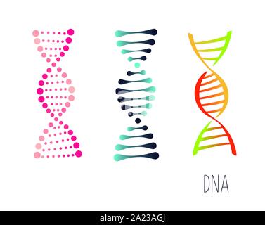 DNA-Molekül-Zeichensatz, genetische Elemente und Symbole Sammlung Strang. Darstellung des Vektorgradienten. Stock Vektor