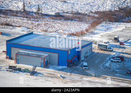 Stadt Churchill Flughafen aus der Luft im frühen Winter, Churchill, Manitoba, Kanada Stockfoto